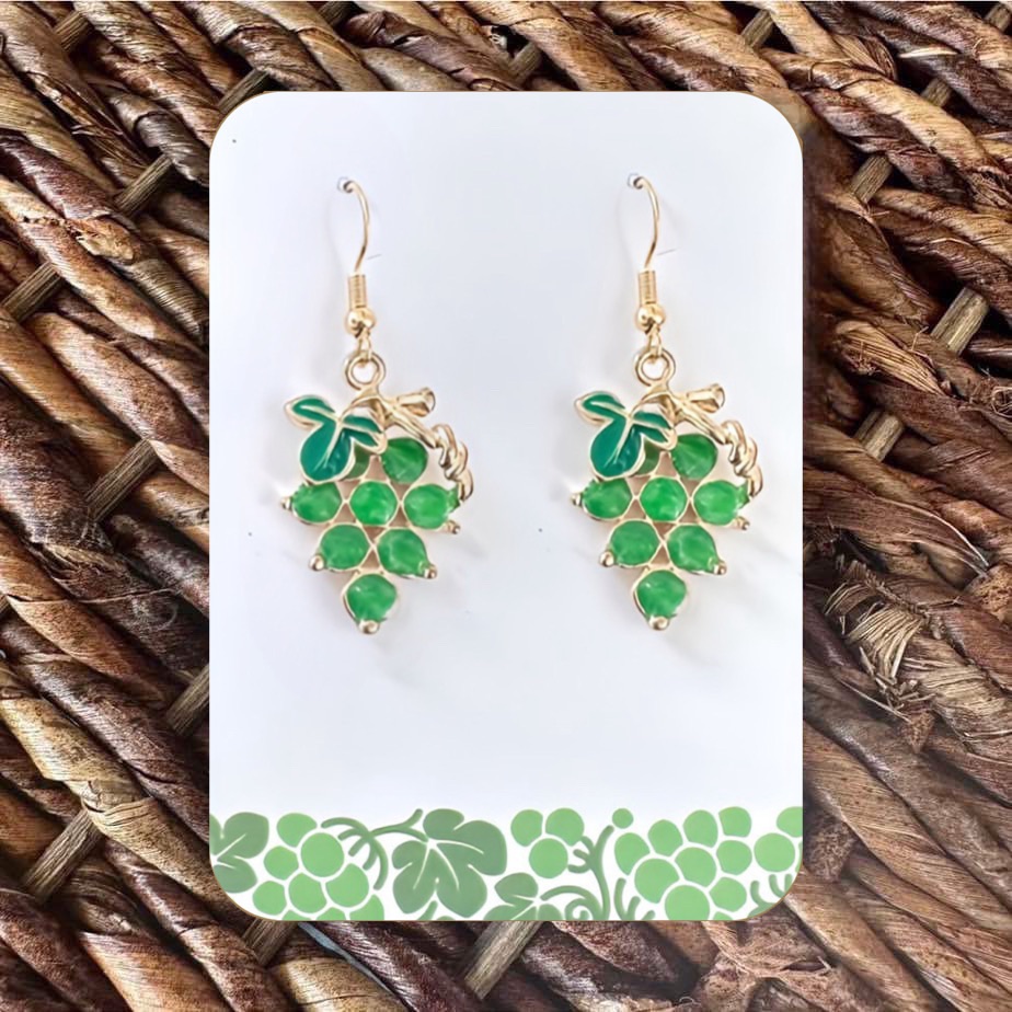 New Handmade Gold-Tone And Green Grapes Dangle Earrings (1.75